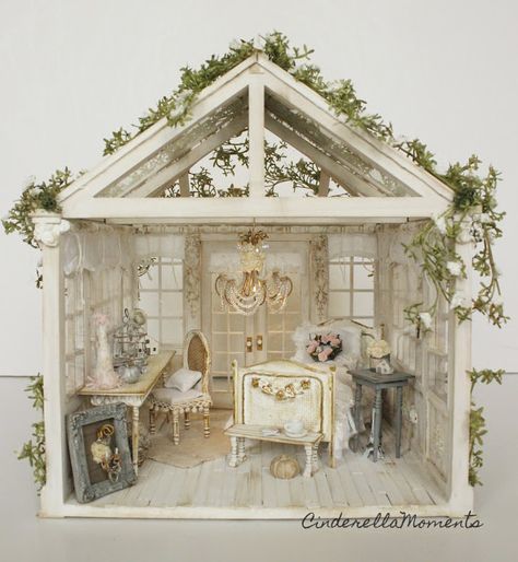 Cinderella Moments: My Little Piece of Heaven Conservatory Dollhouse Haunted House Walls, Country Conservatory, Diy Haunted House, Bed Tables, Room Box Miniatures, Cinderella Moments, Ruffle Pillow, Handmade Bed, Clay Houses