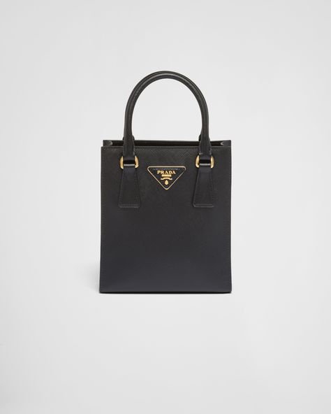 Black Saffiano Leather Handbag | PRADA Prada Mini, Modern Handbag, Metal Lettering, Diy Slippers, Prada Collection, Prada Nylon, Prada Saffiano, Satin Bags, Lettering Logo