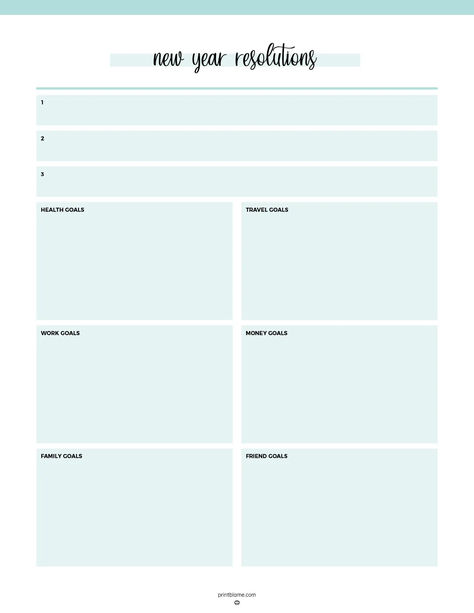 A New Year goal template with spaces for top three goals and sections for health, travel, work, money, family, and friend goals. New Year Goal Setting Template, New Year's Resolutions Template, 2025 Resolution Template, New Years Resolution List Template, 2025 Goals Template, New Years Goals Template, Goal List Template, New Years Resolution Template, New Year Goals Template