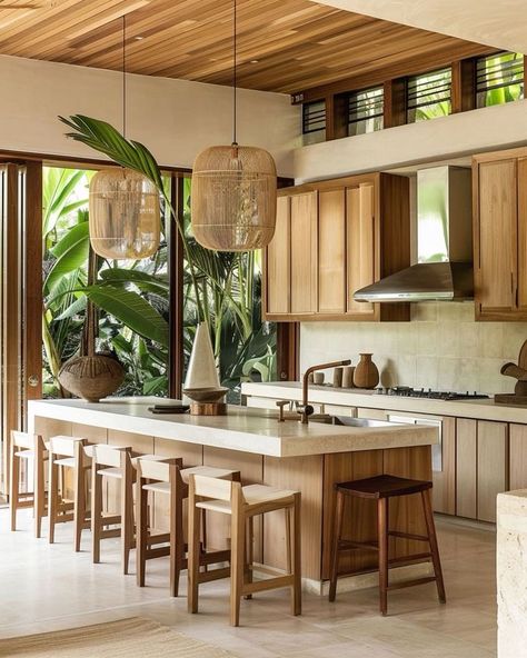 Tropical Inspired Kitchen, Tropical Interior Design Kitchen, Tropic Interior Design, Kitchen Tropical Design, Kitchen Interior Boho, Tropical Kitchen Design Ideas, Modern Tropical Kitchen Design, Bali Style Home Kitchen, Kitchen Interior Design Modern Open Plan