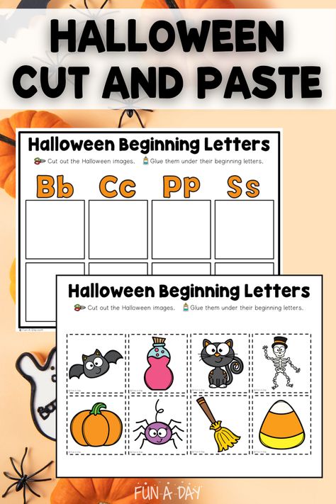 Use this free Halloween cut and paste printable with preschool and kindergarten children. It's a great way to work on fine motor skills, as well as early reading concepts! Add it to your Halloween lesson plans or place it in your literacy center during October. Click on the Fun-A-Day.com link for more information. Halloween Theme Activities For Kindergarten, Kindergarten Halloween Reading Activity, Letter Halloween Activities, Pre K Halloween Lesson Plans, Halloween Cvc Words, Halloween Literacy Kindergarten, Pumpkin Writing Activities Preschool, Preschool Halloween Books And Activities, Halloween Centres For Kindergarten