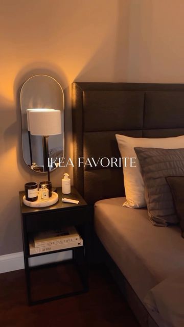 Ikea Bedroom Black Furniture, Ikea Bed Frame Black, Ikea Bedroom Dark, Black And Off White Bedroom Ideas, Vikhammer Bedside Table, Black Ikea Nightstand, Vikhammer Nightstand Styling, Bedroom Nightstand Styling, Bedroom Inspirations Nightstands