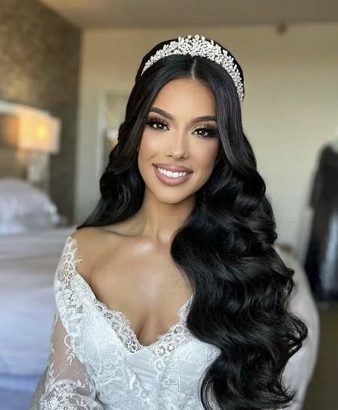 Glam Bride Makeup, Romantic Bridal Hair, Wedding Hairstyles With Crown, Bridal Hair Down, Glam Wedding Makeup, Glam Bride, Bride Crown, Bridal Hair Inspiration, Wedding Hairstyles Bride