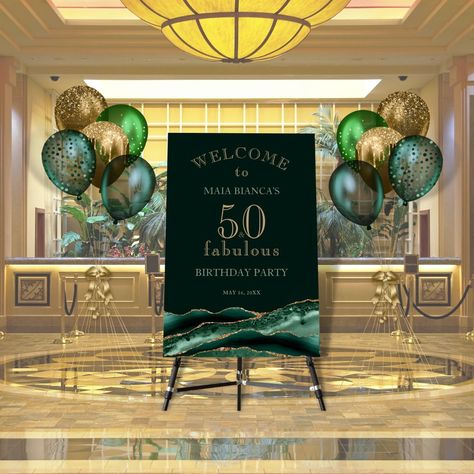 Emerald Green 40th Birthday, Elegant Cake Designs, Gold Signage, Surprise Birthday Ideas, 50th Birthday Backdrop, 50 Fabulous Birthday, Green Sign, Birthday Deco, Surprise 50th