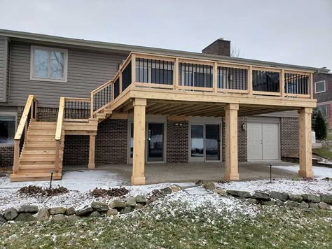 Wood Deck or Cedar Deck From Miles Bradley Building and Remodeling Deck With Landing, Upper Deck With Lower Patio, Multi Level Deck Ideas Swimming Pools, Backyard Gaming Area, Metal Roof Over Deck Ideas, Two Story Decks Backyard, High Back Deck Ideas, Decks Over Walk Out Basement, Tall Decks