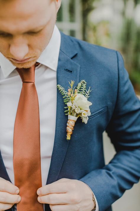 White Tuxedo Wedding, Copper Tie, September Wedding Colors, Groom Blue Suit, Blue Groomsmen, Wedding Drinkware, Rust Bridesmaid Dress, Groom Wedding Attire, Blue Suit Wedding