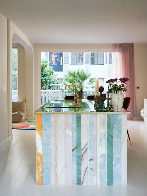 Anti-Marble, This Stylist Wrapped Her Island in Colorful Onyx Colorful House Inspiration, Leftover Marble Ideas, Cool Kitchen Island Ideas, Different Color Kitchen Island, Different House Styles Interiors, Fun Kitchen Island, Colorful Kitchen Island, Kitchen Open Shelving Ideas, Onyx Kitchen