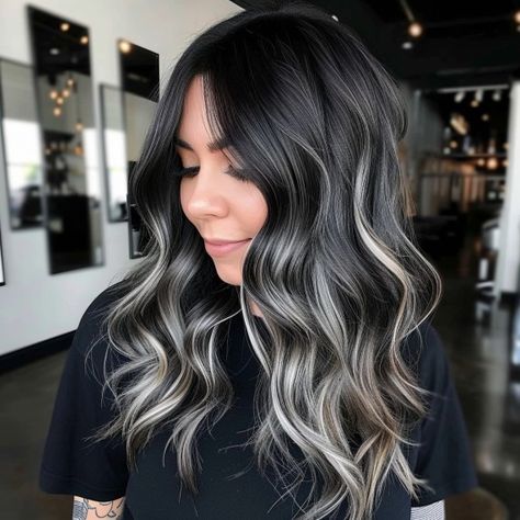 Black With Ash Highlights, Black Silver Ombre Hair Short, Money Piece With Shadow Root, Brown Hair White Blonde Highlights, Dark Brown To Grey Balayage, Black Hair With Gray Money Piece Highlights, Black Reverse Balayage, Dark Hair With Silver Streaks, Balyage Short Black Hair