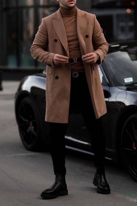 Men love the overcoat because it's classy, stylish, and most importantly warm. This brown overcoat would be the perfect addition to every gentleman's closet. If you would like a custom overcoat or custom outfit like the one shown made for you, book an appointment with us at Giorgenti New Yorl #menswear #mensfashion #gentleman Peacoat Men Outfits, Brown Coat Outfit Men, Camel Coat Men, Overcoat Outfit, Brown Coat Outfit, Brown Overcoat, F Men, Long Coat Men, Overcoat Men