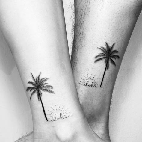 101 Best Aloha Tattoo Ideas That Will Blow Your Mind! - Outsons Couples Palm Tree Tattoo, Tattoo Ideas Female Hawaiian, Live Aloha Tattoo, Hawaiian Couple Tattoos, Hawaii Theme Tattoo, Minimalist Hawaiian Tattoo, Mahalo Tattoos, Aloha Tattoo Ideas Hawaii, Aruba Tattoo Ideas