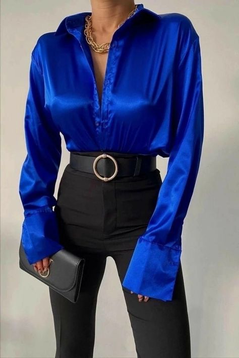 Satin Long Sleeve Top, Dope Style, Looks Pinterest, Dope Fashion, Spring Shirts, Looks Chic, Satin Blouse, Work Blouse, Elegant Outfit