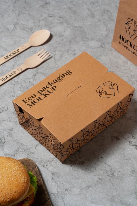 Kraft Food Packaging, Food Mockup Packaging, Eco Friendly Packaging Food, Micro Restaurant, Cardboard Packaging Design, Fast Food Packaging Design, Premium Food Packaging, Eco Friendly Food Packaging, Tapas Ideas