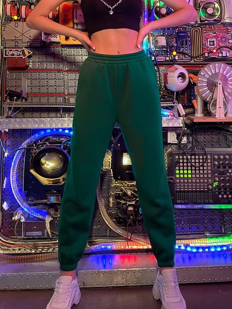 Dark Green    Polyester Plain  Embellished Slight Stretch Fall/Winter Women Bottoms Dark Green Sweatpants Outfit, Green Sweatpants Outfit, Christmas List 2022, Women Sweatpants, Green Sweatpants, St Patrick's Day Outfit, My Christmas List, Sweatpants Outfit, Women Bottoms