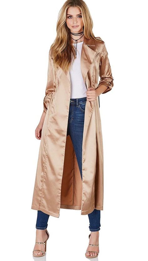 Gold Satin Long Duster Coat at ShopAA Clothes Categories, Gold Duster, Long Duster Coat, Duster Coats, Iconic Outfits, School Look, Silk Coat, Soft Power, Long Duster