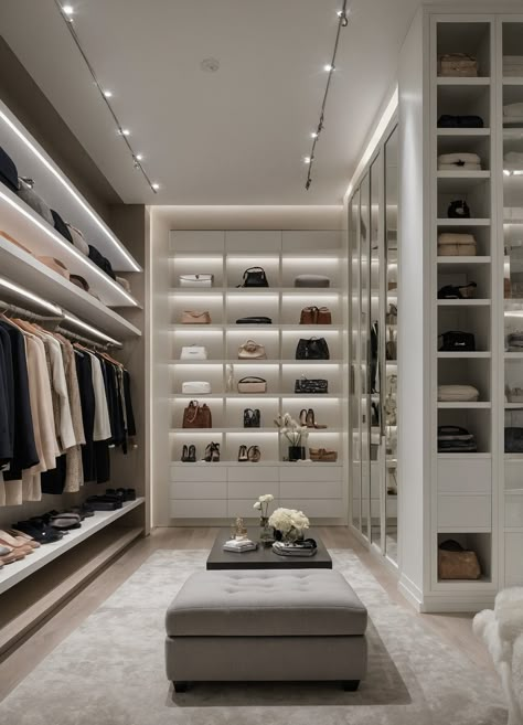 Step into a world of luxury with this modern walk-in closet designed for the stylish woman! Featuring sleek cabinetry, soft LED lighting, and plush carpeting, this space transforms organization into an art form. Ample shelving beautifully displays designer handbags and chic shoes, while a dedicated vanity area invites you to indulge in your daily beauty routine. #WalkInCloset #LuxuryLiving #FashionistaHaven Modern White Walk In Closet, Hailey Bieber Closet Room, Bedroom Ideas With Walking Closet, Modern Closet Designs Women, Master Closet Bench, Seattle Mansion, Luxury Walk In Closet Women, Walk In Closet Aesthetic, White Walk In Closet