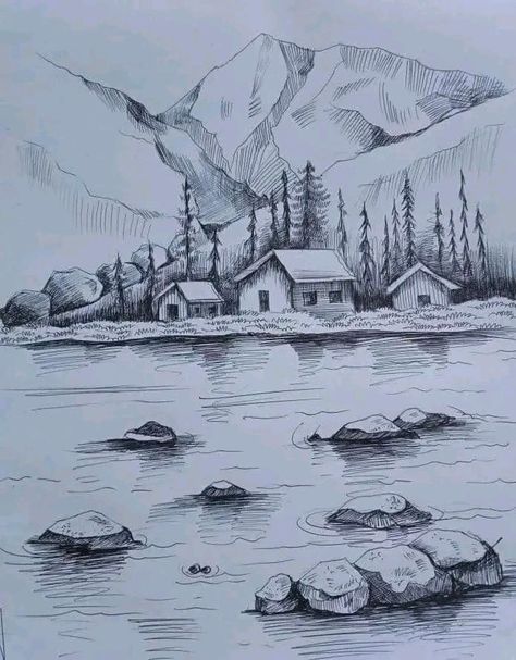 Landscape Sketch Pencil Easy, Nature Sketches Pencil Inspiration, Nature Sketches Pencil Beautiful, Nature Pencil Sketches, Easy Nature Sketches, Landscape Drawings Pencil, Nature Drawings Simple Sketch, Scenery Sketch, Nature Sketches Pencil