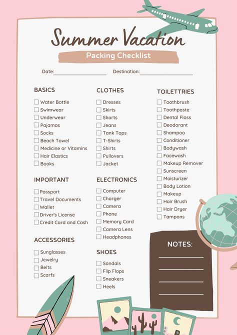 Creative Aesthetic Summer Vacation Packing Reminder Checklist Vacation Packing Checklist, Trip Essentials Packing Lists, Summer Vacation Packing, Holiday Packing Lists, Vacation List, Travel Packing Checklist, Packing Essentials List, Vacation Checklist, Creative Aesthetic