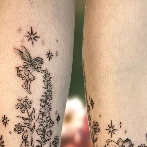 Rachel🌿🖋🍂 on Instagram: "Oh to live in a fairy garden surrounded by foxgloves and sitting on mushrooms🥲 had a class time doing this flash piece ankle wrap for the most wonderful client, yall may have seen it on my reel the other day but thought it deserved a closer look hehe! :) #tattoo #fineline #fairytattoo #fairycore #cottagecore #botanicaltattoo #mushroomtattoo" Woodland Fairy Tattoo Sleeve, Whimsical Fairy Tattoo Sleeve, Fairy Ring Tattoo Ankle, Fairy Garden Ideas Tattoo, Cottagecore Tattoo Sleeve, Mushroom Garden Tattoo, Fairy Arm Tattoo, Fairy Garden Tattoo Sleeve, Cute Fairy Tattoo