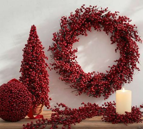 Vampire Christmas, Cypress Garland, Red Berry Garland, Creative Sweets, Red Berry Wreath, Aesthetic Holiday, Pottery Barn Christmas, Door Hangings, Interesting Interiors