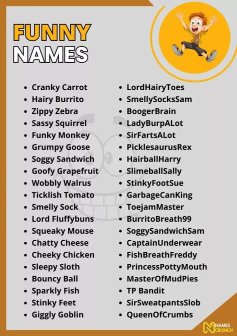 750+ Funny Names You Won't Find Anywhere Else - Names Crunch Silly Contact Names, Funny Names For Boys, Funny Display Names, Insulting Names To Call People Funny, Insulting Names To Call People, Funny Insulting Names, Funny Names For Best Friends, Funny Movie Names, Funny Gc Names