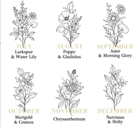 Floral Tattoo Birth Flowers, July Bouquet Tattoo, September Birth Flower Bouquet, July Flower Bouquet Tattoo, Tattoos For October Birth Month, February And September Flower Tattoo, April Birth Flower Tattoo With Name, August Birth Month Flower Tattoo, October Birth Flower Tattoo Marigold And Cosmos