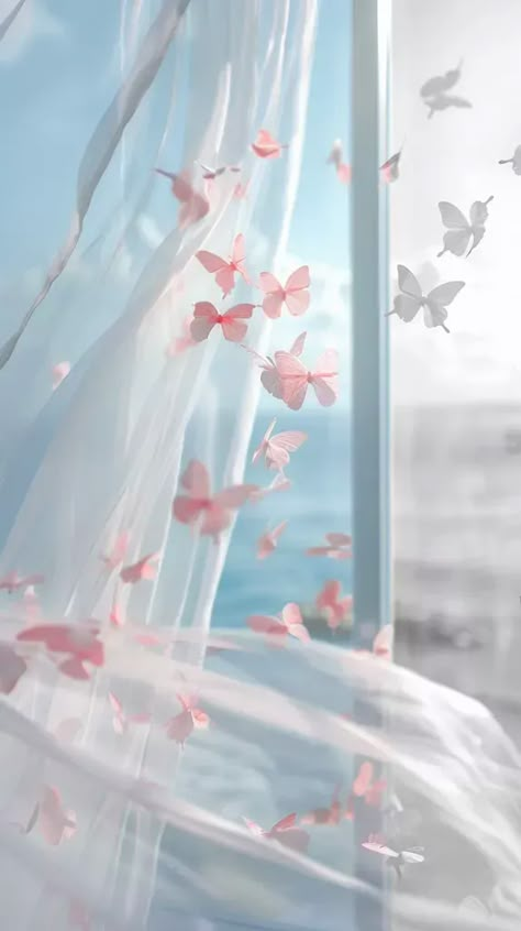 Full Color Image in ai-img-gen.com 🔸 A white window with light pink butterflies flyingout of it, looking at the sea outside the glass,whi... 🔸 From Midjourney AI Image Pink Blue And White Aesthetic, Aesthetic Wallpaper Butterfly, Aesthetic Light Pink, Pink Blue Aesthetic, Airy Aesthetic, Butterfly Aesthetic, Glass Background, Android Theme, White Window