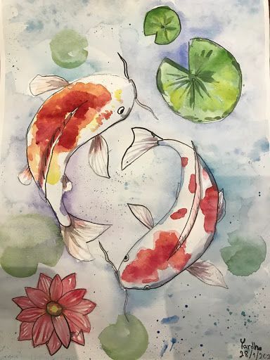 Drawings With Aquarelle, Pin And Ink Drawings Simple, Botanical Drawings Watercolor, Sketchbook Art Inspiration Watercolour, Koi Painting Watercolour, Waterpaint Ideas Aesthetic, Koi Fish Watercolor Paintings, Koi Fish Painting Watercolors, Koi Fish Drawing Sketches