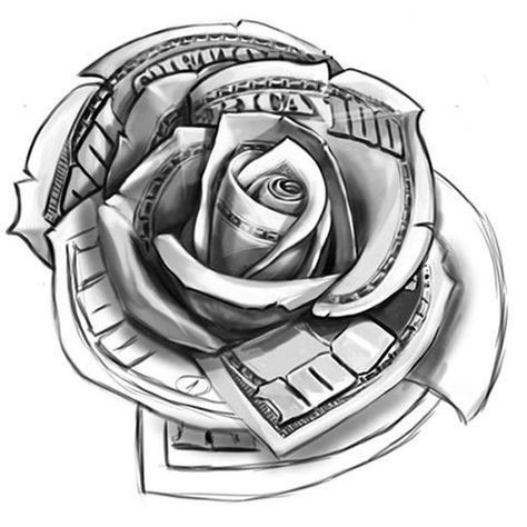 Money Rose Tattoo, Tato Mandala, Dollar Tattoo, Rose Tattoo Stencil, Tato Flash, Money Rose, Gangsta Tattoos, Money Tattoo, Chicano Style Tattoo