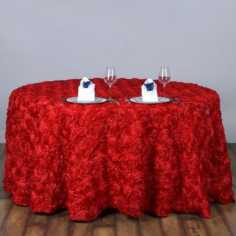 Rosette Tablecloth, Black Red Wedding, Satin Ribbon Roses, Wedding Tablecloths, Table Overlays, Chair Sashes, 3d Rose, Red Table, Table Skirt