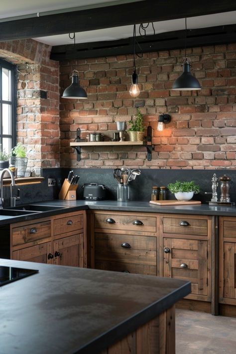 Make a statement in your kitchen with the striking contrast of black worktops. See more inspiration here. Kitchen Design Brick Backsplash, Brown Cabinet Black Countertop, New Vintage Kitchen Ideas, Rustic Modern Backsplash, Moody Kitchen Ideas Cozy, Kitchen Idea Black Countertop, Natural Wood Countertops Kitchen, Black Cabinets Brick Backsplash, Country Kitchen Black Cabinets