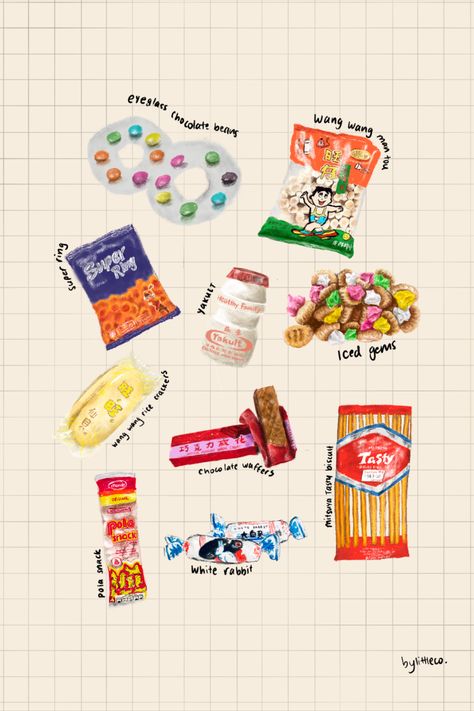 Asian childhood snacks illustration Malaysia Illustration Art, Asian Childhood Snacks, Singapore Childhood Snacks, Asian Snacks Illustration, Singapore Food Illustration, Asian Childhood, Snack Drawing, Vintage Snacks, Snacks Illustration