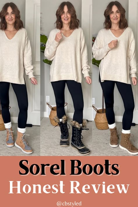 The ultimate Sorel boots review and Sorel boots outfit ideas for women. These women's shoes for winter are a must have for cold winter outfits and casual winter outfits. Stylish and functional women's fashion boots for women's winter outfit ideas. Casual Womens Boots, Snow Boots Sorel, Out N About Sorel Boots Outfit, Women’s Sorel Boots Outfit, Sorel Joan Boots Outfit, Sorel Boots Outfit Winter Leggings, Sorel Harlow Chelsea Boot Outfit, Sorel Outfits For Women, Sorel Kinetic Breakthru Outfit