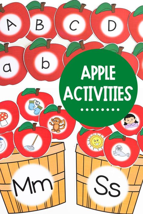 Super fun for fall themed and apple themed alphabet centers! Students learn the letter and sounds of the alphabet by matching the beginning sound of the picture to the letter. Apple Alphabet Activities, Apple Alphabet Match, Hands On Alphabet Activities, Kindergarten Alphabet Activities, Apple Literacy, Learning Letters And Sounds, First Grade Centers, Apple Alphabet, Games For Learning