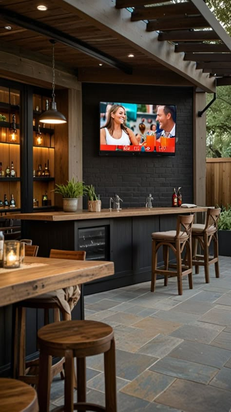 Creative Outdoor TV and Bar Ideas for the Perfect Backyard Hangout Bar Setup Ideas, Tv Mounting Ideas, Outdoor Tv Mount, Outdoor Bar Area, Backyard Hangout, Tv Setup, Mixing Drinks, Cozy Movie Night, Sleek Bar