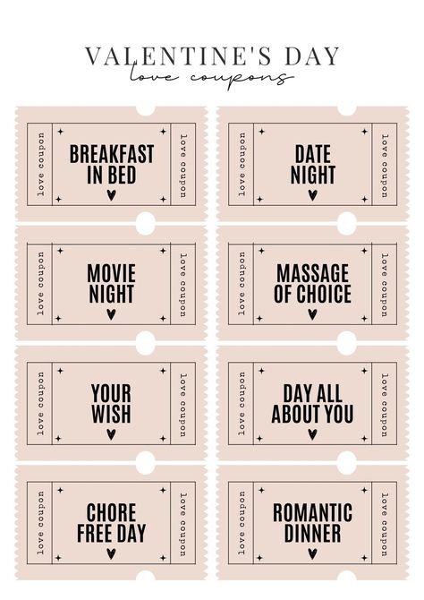 Valentine Wall Art, Coupons For Boyfriend, Movie Ticket, Couples Coupons, Valentines Coupons, Creative Gifts For Boyfriend, Valentines Day Couple, Coupon Template