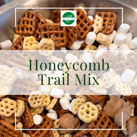 New Recipe! #gatherinbloom #nobake #recipes #recipeoftheday #nobaketreat #firstbeeday #beetheme Honey Trail Mix Recipes, Teddy Bear Trail Mix Recipe, Honeycomb Trail Mix Recipes, Smores Trail Mix Recipe Golden Grahams, Tropical Trail Mix Recipe, Chex Mix With Honeycomb Cereal, Trail Mix With Honeycomb Cereal, Honey Snacks, Honeycomb Cereal