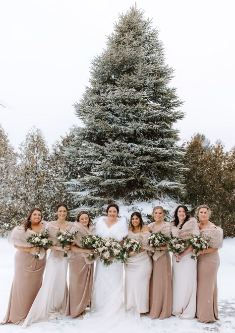 Snow Wedding Bridesmaids, Winter Wedding Dress Bridesmaid, Bridesmaid Dresses For Winter Wedding, Winter Bridal Party Photos, December Wedding Ideas Winter Bride Dresses, December Wedding Bridesmaid, Winter Wedding Picture Ideas, Champagne Bridesmaid Dress Winter, Winter Wedding Bridal Party