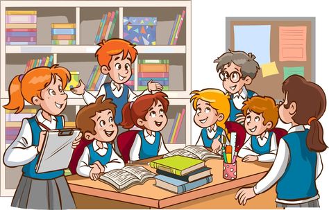 A group of children sitting at the table in the classroom and reading together. Or shelves in the background. Vector illustration of student study group.cartoon. Group Cartoon, Grouping Students, Cartoons Group, Illustration Traditional, Classroom Clipart, English Learning Books, Student Cartoon, Beautiful Landscape Paintings, School Cartoon