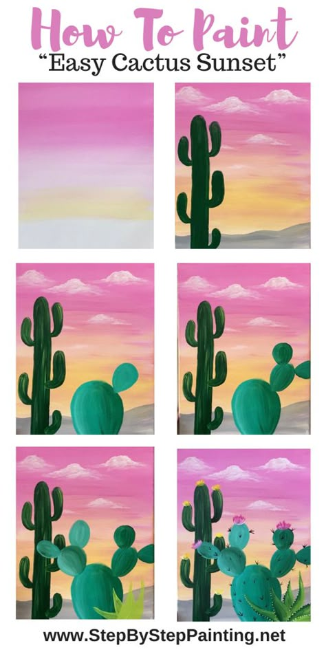 Foreground Art, Cactus Painting, Canvas Painting Tutorials, Simple Canvas Paintings, Easy Canvas Art, Desert Sunset, Canvas Painting Diy, Small Canvas Art, Simple Acrylic Paintings