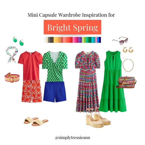 Bright Spring color palette mini capsule wardrobe inspiration Bright Spring Office Wardrobe, Bright Spring Color Palette Clothes, Bright Spring Outfits Capsule Wardrobe, Bright Spring Color Palette Outfit, Bright Spring Outfits, Bright Spring Clothes, Color Analysis Spring, Paintbox Spring, Bright Spring Palette