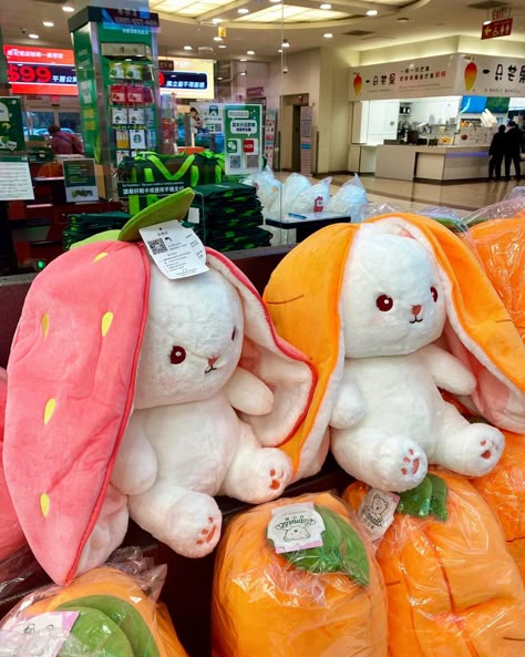 strawberry and carrot bunny stuffed animals!! Carrot Plushies, Strawberry Plushies, Teddy Bear Plushies, Cute Soft Toys, Toys Aesthetic, Doll Teddy Bear, Rabbit Stuffed Animal, Bunny Stuffed Animal, Cute Squishies