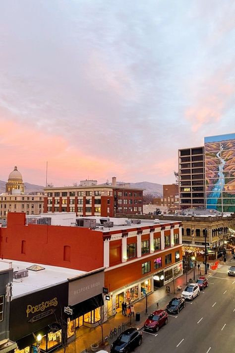 Winter sunset over downtown Boise, Idaho | Cotton Cashmere Cat Hair Idaho Travel, Winter Sunset, Boise Idaho, I Want To Travel, Cat Hair, Winter Garden, Long Weekend, Hot Springs, Us Travel