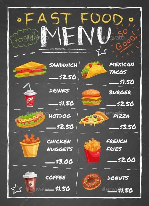 Fast Food #Restaurant #Menu On Chalkboard - #Food Objects Download here: https://graphicriver.net/item/fast-food-restaurant-menu-on-chalkboard/19519202?ref=alena994 Menu On Chalkboard, Concession Stand Menu, Design Cibo, Makanan Cepat Saji, Menu Burger, Food Truck Menu, Burger Menu, Food Truck Business, Food Menu Template