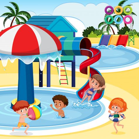 Children playing at a waterpark | Premium Vector #Freepik #vector #water #kids #children #girl Waterpark Drawing, Water Park Drawing, Park Clipart, Child Draw, Umbrella Drawing, Picture Comprehension, Cleaning Kids Room, Water Kids, Pool Party Kids