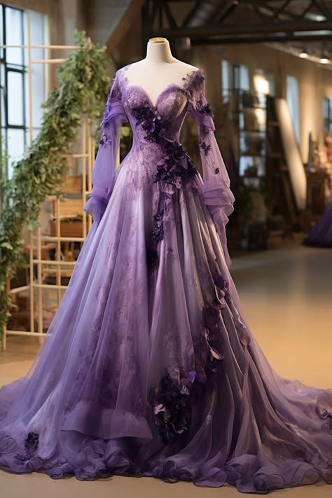 Lavender flower inspired gown Purple Fantasy Dress, Purple Fairy Dress, Gown Dress Design, Dress Design Ideas, Cassie Howard, Fairy Gown, Oc Fashion, Dark Purple Dresses, Purple Wedding Dress