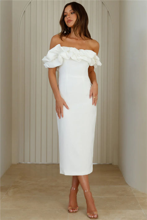 Be seen and admired, girl. The Idolise Off Shoulder Frill Midi Dress features a statement frill design on the neckline, perfect for a fancy event. Style with heels to get the attention started. #hellomolly Midi Dresses Off Shoulder, Engagement Photos Midi Dress, Rehearsal Dinner Dress Pearls, Rehearsal Dinner Bridal Outfit, Off Shoulder Midi Wedding Dress, Winter Rehearsal Dinner Dress For Bride, Rehearsal Dinner Looks Brides, Pearl Engagement Dress, Classy Wedding Reception Dress