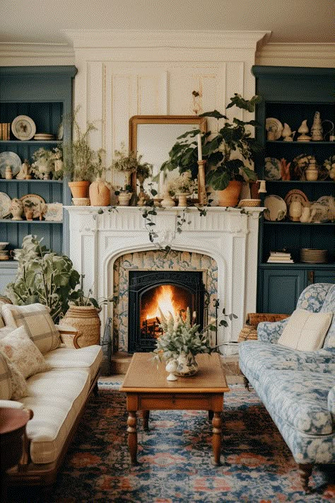 30 Cozy French Cottage Living Room Decor Ideas 1800s Home Aesthetic, Hawthorn House, French Cottage Living Room, Salons Cottage, Cottage Core Living Room, Romantic Fireplace, French Cottage Style, French Cottage Decor, Cozy Farmhouse Living Room