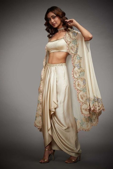 Dhoti Skirt, Indian Outfits Modern, Embroidered Cape, Trendy Outfits Indian, Tandoori Masala, Indian Outfits Lehenga, Ritu Kumar, Draping Fashion, Indian Dresses Traditional