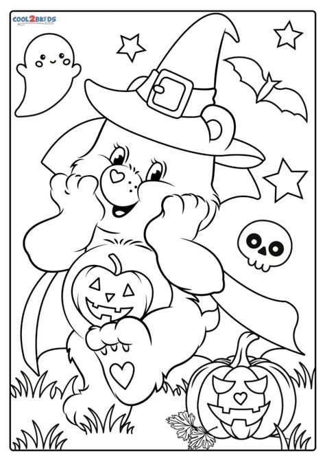 Carebears Coloring Pages Free Printable, Care Bare Coloring Pages, Colouring Pages For Kids Halloween, Kid Halloween Coloring Pages, Halloween Pages To Color, Care Bear Coloring Page Free Printable, Carebear Coloring Page, Kids Halloween Colouring Pages, Halloween Aesthetic Coloring Pages