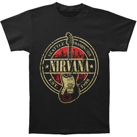 Nirvana Est 1988 Guitar Stamp T-shirt Nirvana Guitar, Guitar Print, Band Shirts, Direct To Garment Printer, Band Tees, Nirvana, Black Tshirt, Short Sleeve Tee, Shirt Style